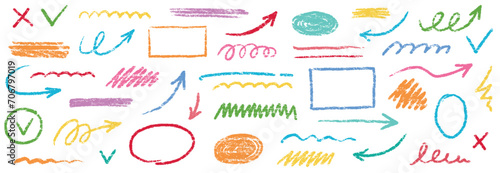 Chalk scribble arrow, line brush set. Crayon arrow, underline, handwritten mark check elements. Vector hand drawn scribble crayon, marker color brush texture. Rough chalk vector illustration photo