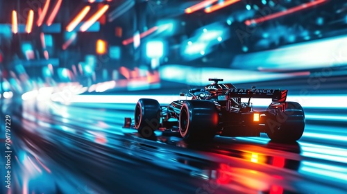 Fast racing car with racer driving along the street with blurred lights and neon. Evening race. Concept of motor sport, racing, competition, speed, win, success, power © Jennifer