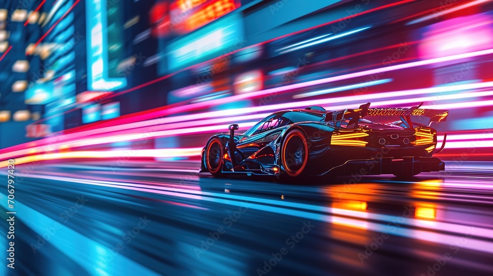 Fast racing car with racer driving along the street with blurred lights and neon. Evening race. Concept of motor sport, racing, competition, speed, win, success, power