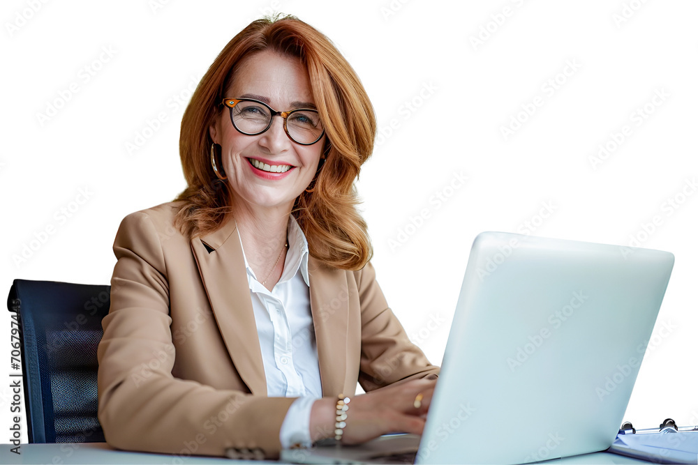 Happy cheerful mid aged business woman executive in office using laptop at work on transparent Happy cheerful mid aged business woman executive in office using laptop at work on transparent
