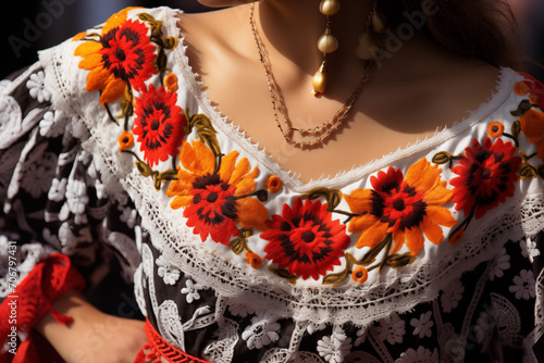 Detalle de Vestido alegórico con detalles de flores estilo tradicional latinoamericano 