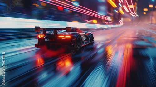 Fast racing car with racer driving along the street with blurred lights and neon. Evening race. Concept of motor sport, racing, competition, speed, win, success, power photo