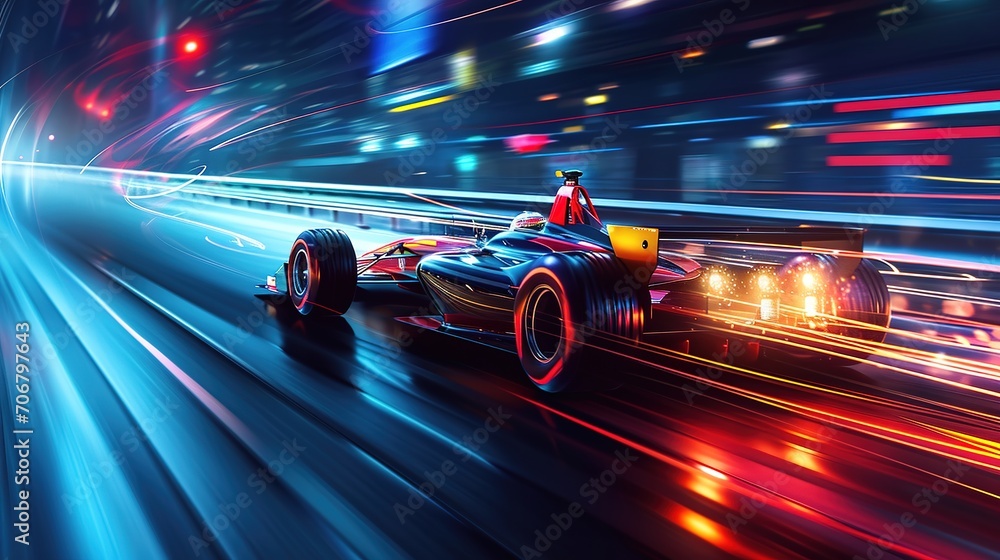 Fast racing car with racer driving along the street with blurred lights and neon. Evening race. Concept of motor sport, racing, competition, speed, win, success, power Fast racing car with racer driving along the street with blurred lights and neon. Evening race. Concept of motor sport, racing, competition, speed, win, success, power