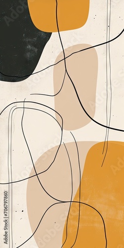 Modern Abstract Shapes with Squiggle Black Line Minimalist Digital Print Background created with Generative AI Technology	