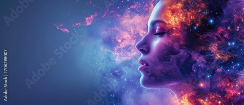 beautiful fantasy abstract portrait of a beautiful woman double exposure with a colorful digital paint splash or space nebula photo