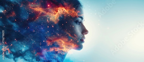 beautiful fantasy abstract portrait of a beautiful woman double exposure with a colorful digital paint splash or space nebula #706798011
