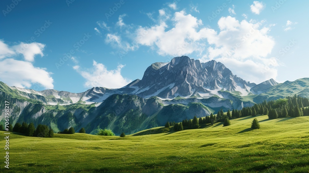 Lush grasslands with majestic mountains