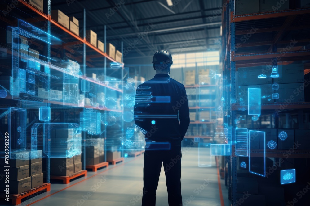 Behind the worker, an expert stands, looking at the smart warehouse management system Behind the worker, an expert stands, looking at the smart warehouse management system