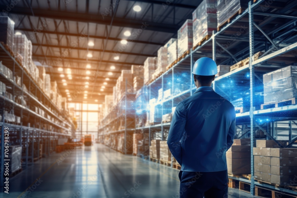 Behind the worker, an expert stands, looking at the smart warehouse management system Behind the worker, an expert stands, looking at the smart warehouse management system