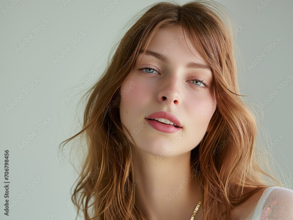 Serene Beauty with Soft Brown Tresses. Generative AI. Serene Beauty with Soft Brown Tresses. Generative AI.