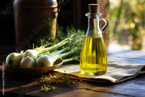 fennel oil in a glass bottle on a table.generative AI