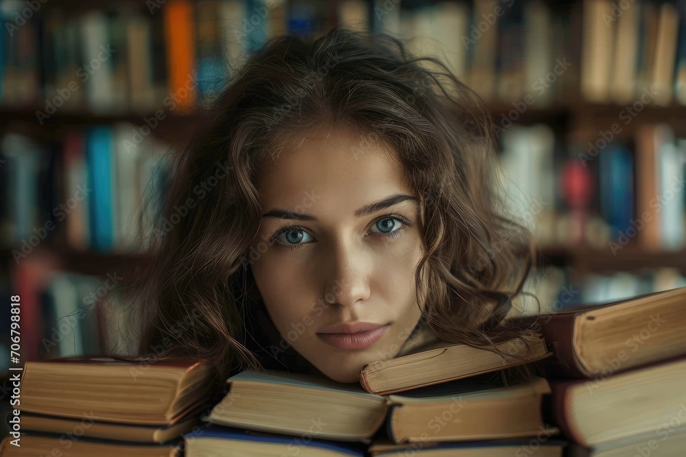Dedicated researcher immersed in her books, with a look of discovery, against a scholarly background. Dedicated researcher immersed in her books, with a look of discovery, against a scholarly background.