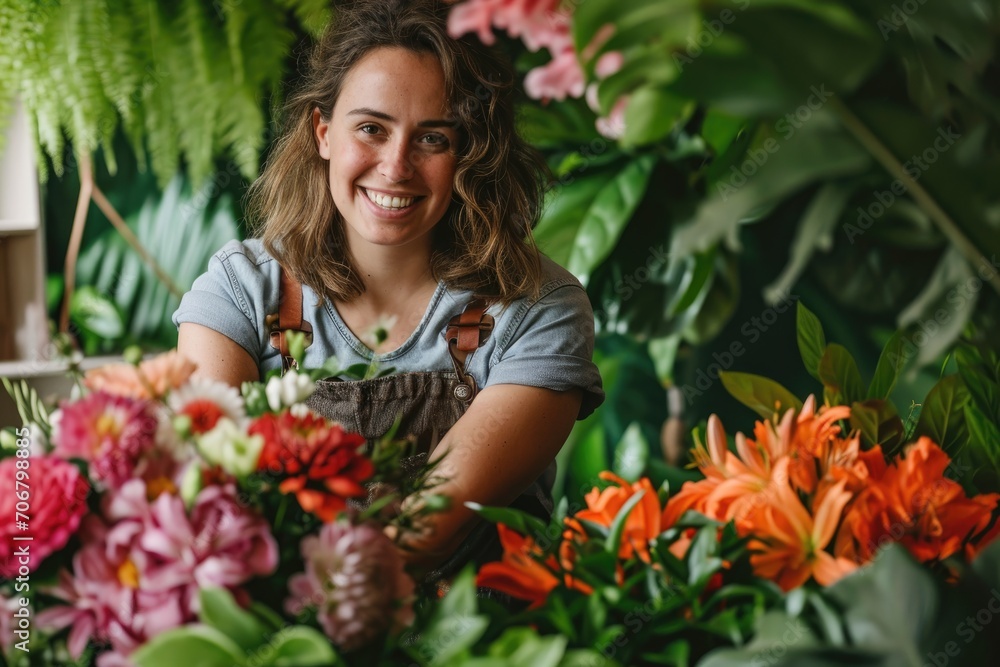 Florist creating a floral arrangement, beaming with happiness, against a backdrop of lush greens.