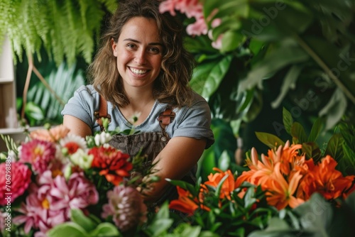 Florist creating a floral arrangement, beaming with happiness, against a backdrop of lush greens.