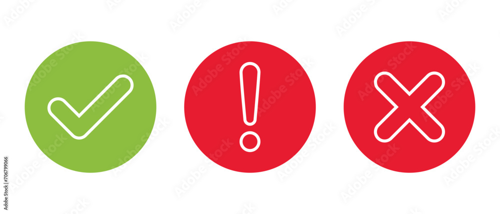 Line of checkmark, exclamation, and x cross mark icon vector. Accept, warning, and decline sign symbol - obrazy, fototapety, plakaty 