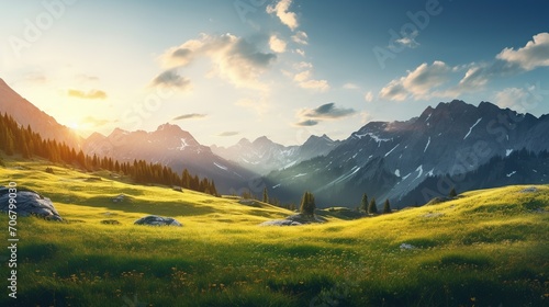 Lush grasslands with majestic mountains