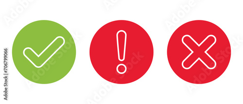 Line of checkmark, exclamation, and x cross mark icon vector. Accept, warning, and decline sign symbol