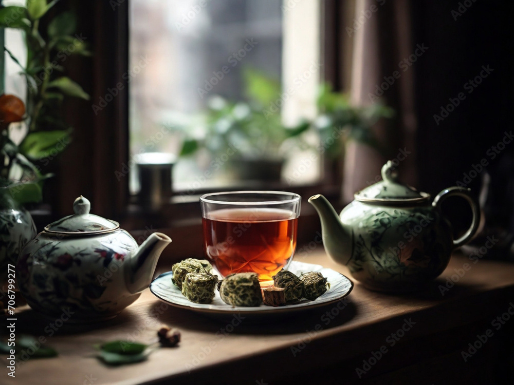 Tea in a glass on a wooden table. Selective focus.. Created using generative AI tools Tea in a glass on a wooden table. Selective focus.. Created using generative AI tools