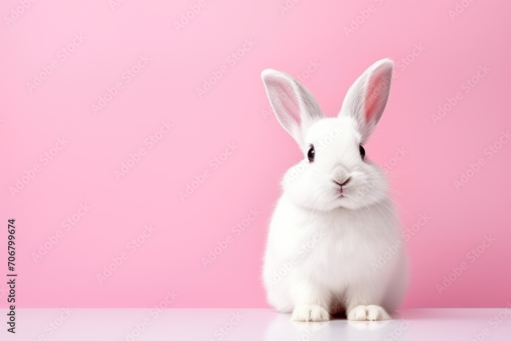 Cute white rabbit on pink background with copy space for text Cute white rabbit on pink background with copy space for text