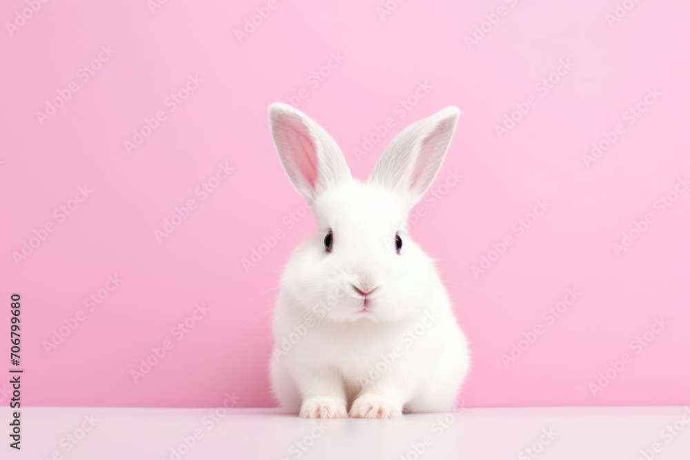 Cute white rabbit on pink background with copy space for text Cute white rabbit on pink background with copy space for text