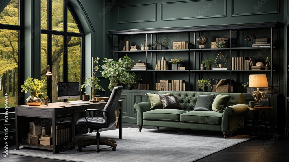 comfortable and cozy green home office interior for business people comfortable and cozy green home office interior for business people