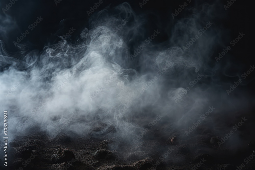 Defocused smoke on a dark Halloween background obscures foggy cement