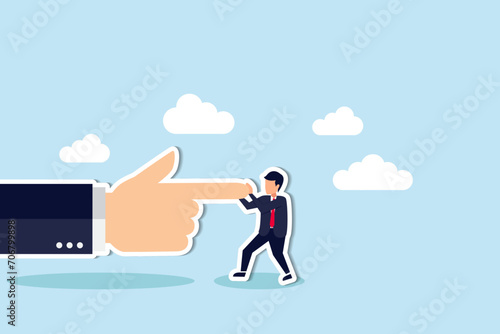 Conflict against boss or employer, david and goliath, fight against super power people, challenge and ambition to do right thing, brave businessman fight and keep pushing against giant business hand.