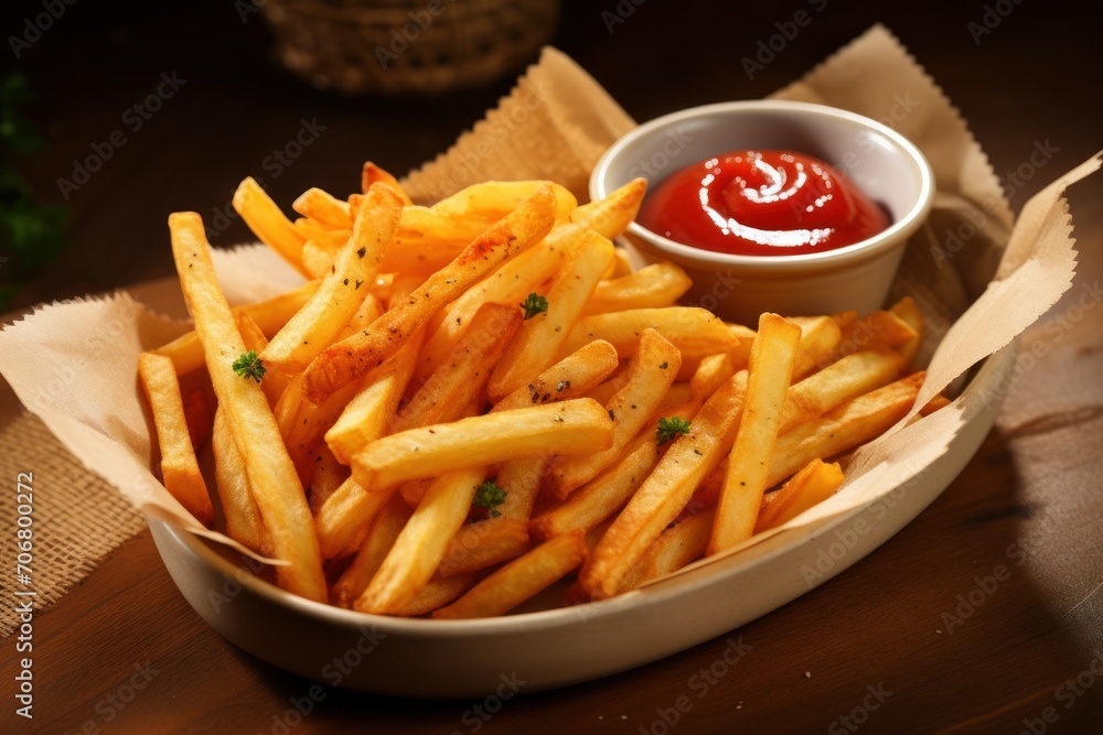 Hot crispy fries on the table Hot crispy fries on the table