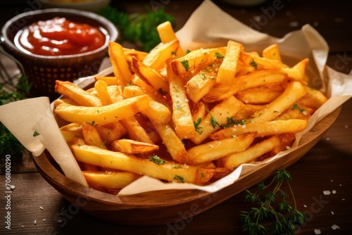 Hot crispy fries on the table