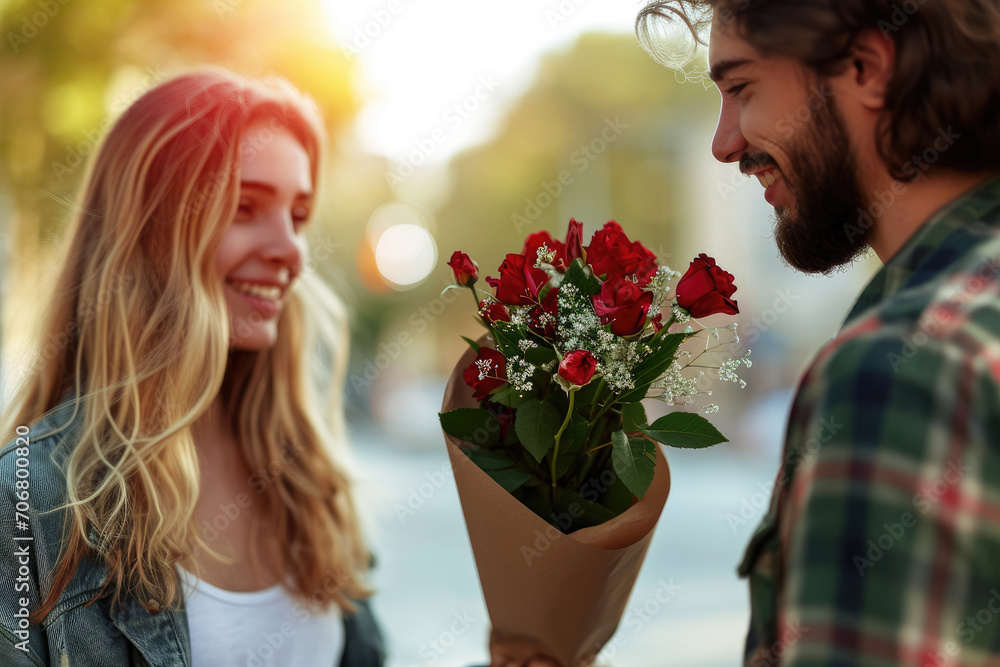 happy valentine day, young man gives flowers for his girl friend on holiday