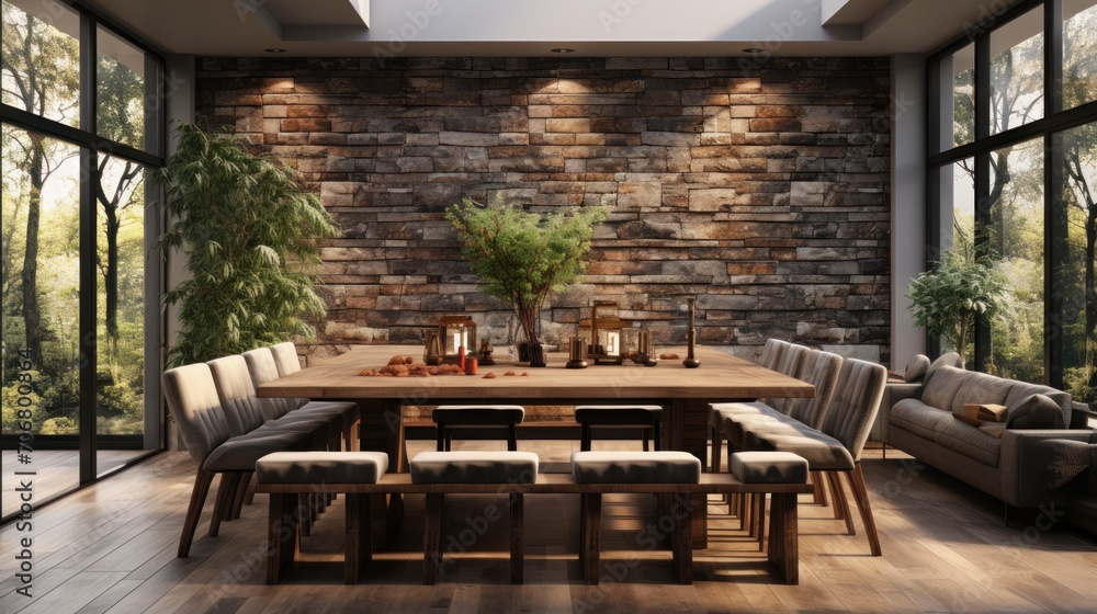 Fototapeta premium Contemporary dining room design into one living room with brick walls and wooden floors