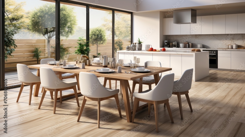 Contemporary minimalist kitchen and dining room interior. with all white furniture Contemporary minimalist kitchen and dining room interior. with all white furniture