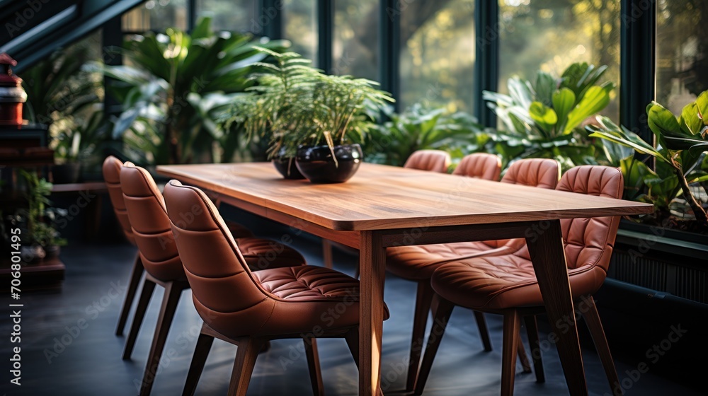 Stylish and botanical dining room interior with wooden table, chairs, lots of plants, window