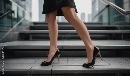 Close up legs of businesswoman hurry up walking she is late time Female business people holding laptop go to office in the modern from AI Generative