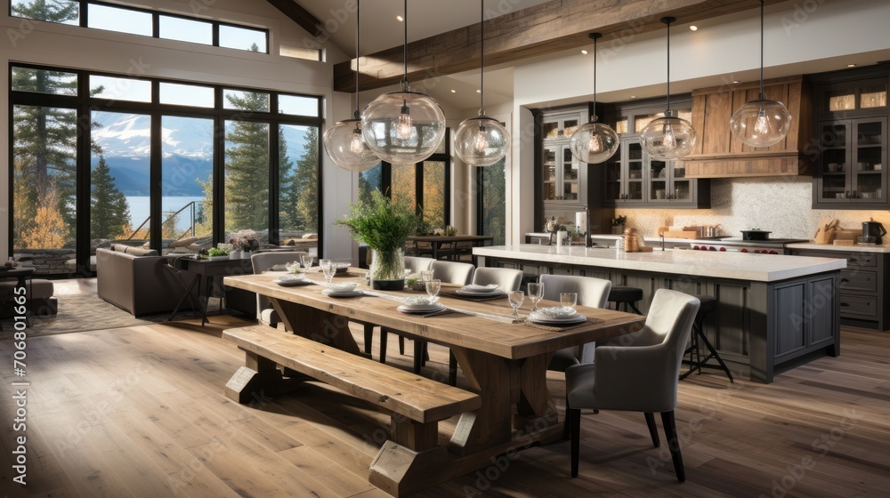 living room, dining room, kitchen in a luxury house with an elegant style and open concept living room, dining room, kitchen in a luxury house with an elegant style and open concept