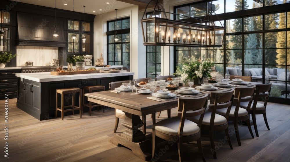 living room, dining room, kitchen in a luxury house with an elegant style and open concept