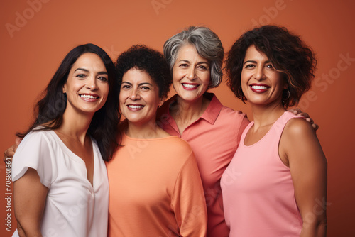 Four happy multi-aged women leaning against studio background,