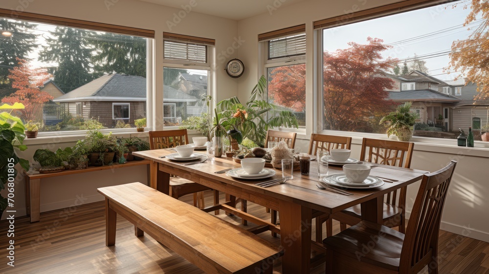 Dining room in suburban house with cream colored walls with view of neighboring houses Dining room in suburban house with cream colored walls with view of neighboring houses