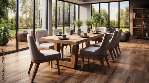 wooden dining table and chairs in a modern home with elegant lighting arrangements