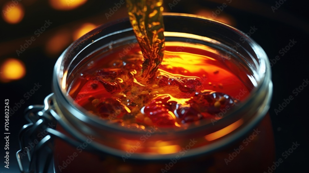 A macro shot of a single fermented chili pepper suspended in a jar of fiery hot sauce. The pepper appears to be gracefully floating, highlighting its contribution to the sauces intense heat A macro shot of a single fermented chili pepper suspended in a jar of fiery hot sauce. The pepper appears to be gracefully floating, highlighting its contribution to the sauces intense heat