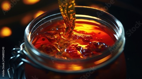 A macro shot of a single fermented chili pepper suspended in a jar of fiery hot sauce. The pepper appears to be gracefully floating, highlighting its contribution to the sauces intense heat