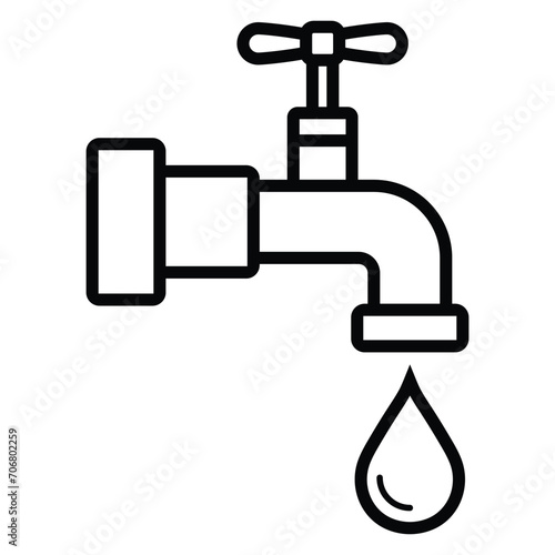 Water tap faucet with drop. Flat tap with pipe drip. Turn spigot of flow. Vector Icon for house, economize and bathroom. Isolated on white background.