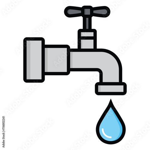Water tap faucet with drop. Flat tap with pipe drip. Turn spigot of flow. Vector Icon for house, economize and bathroom. Isolated on white background.