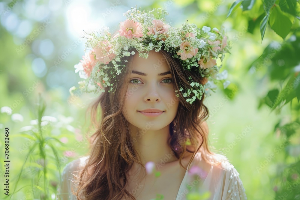 Woman in a floral crown, radiating spring energy, against a backdrop of lush green. Woman in a floral crown, radiating spring energy, against a backdrop of lush green.