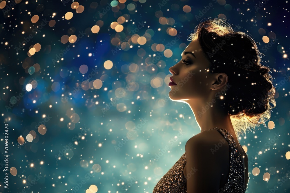 Woman in a sparkling evening gown, radiating glamour, against a backdrop of midnight blue. Woman in a sparkling evening gown, radiating glamour, against a backdrop of midnight blue.