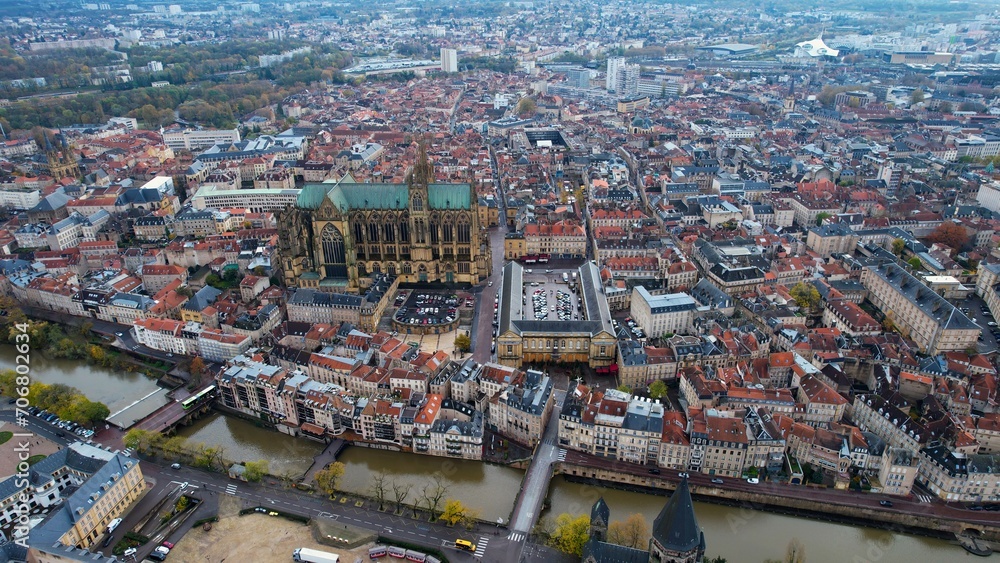Aerial view around the old town of the city Metz in France on a sunny day in spring.