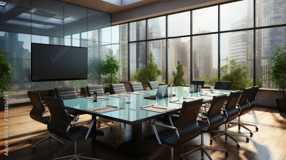 empty meeting room with table and large television empty meeting room with table and large television