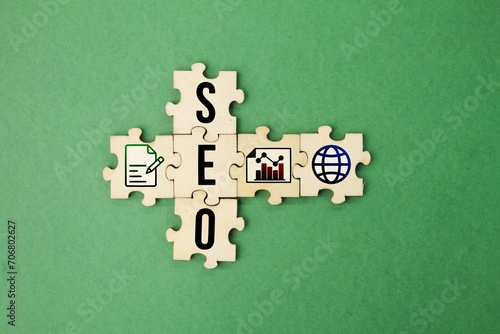 wooden puzzle with the letter SRO and its icon. Search Engine optimization. Digital online marketing and internet technology concept.