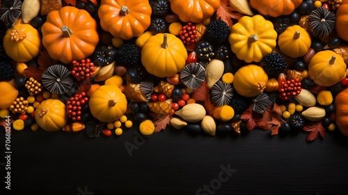 Halloween frame of scattered candy and decor. Top down view over an orange background with copy space