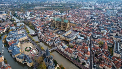 Aerial view around the old town of the city Metz in France on a sunny day in spring.